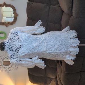 White lace, high-neck mini dress